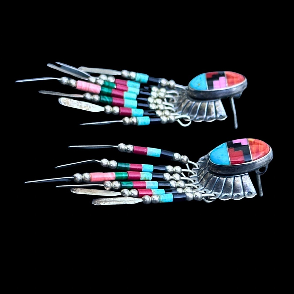 Sterling Silver Multi-stone Inlay Dangle Earrings Vintage Signed Q.T. - Picture 3 of 4
